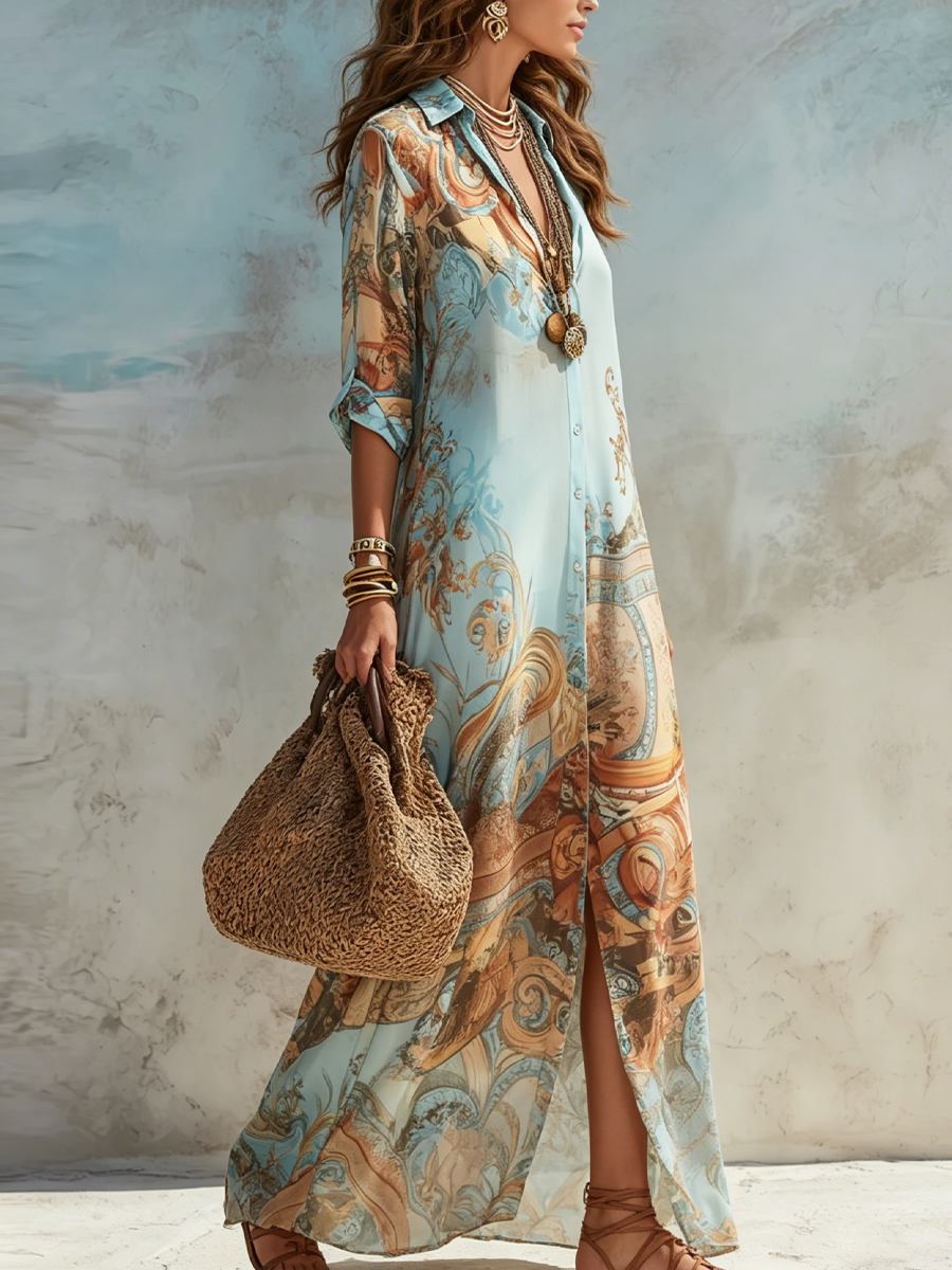 Maria - Baroque Style Floral Blue Chiffon Maxi Dress