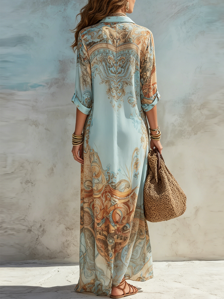 Maria - Baroque Style Floral Blue Chiffon Maxi Dress