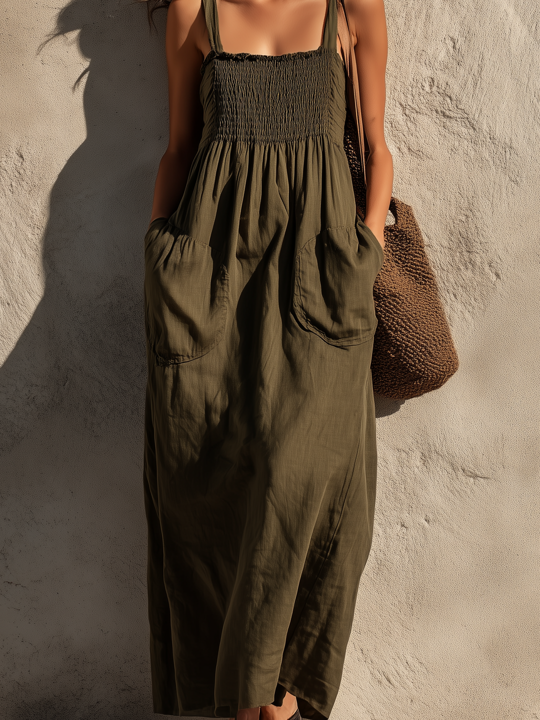 Sarah - Women's Casual Olive Green Cotton-Linen Maxi Dress
