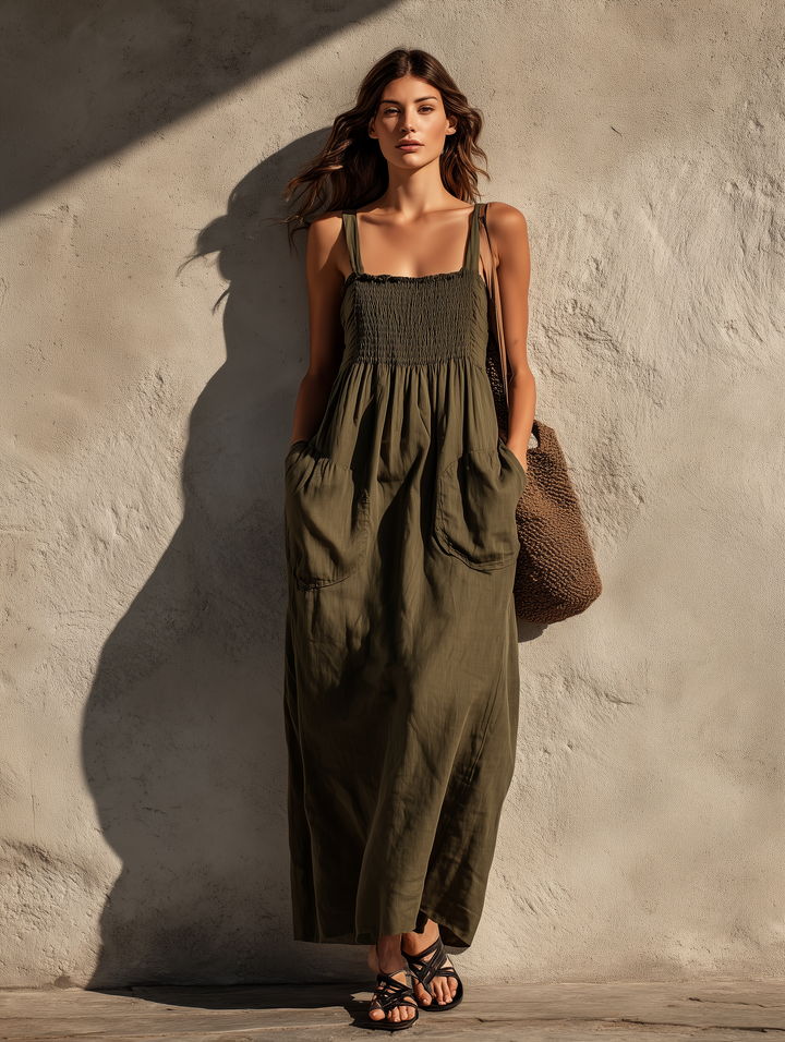 Sarah - Women's Casual Olive Green Cotton-Linen Maxi Dress