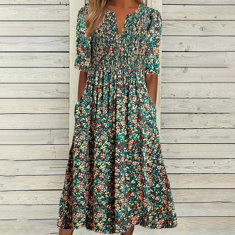 DANICA | ELEGANT FLORAL TUMMY-COVERAGE MIDI DRESS