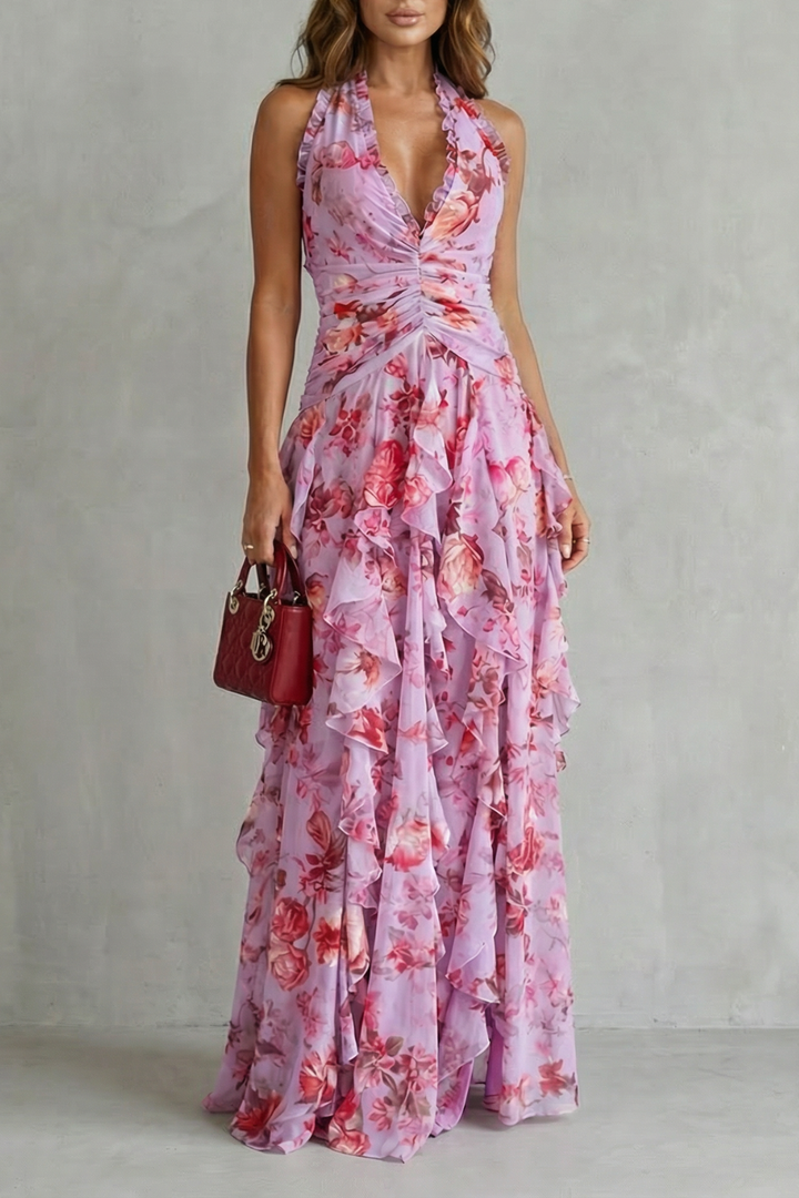 Belladina – Romantic rose cascade – Halter maxi dress