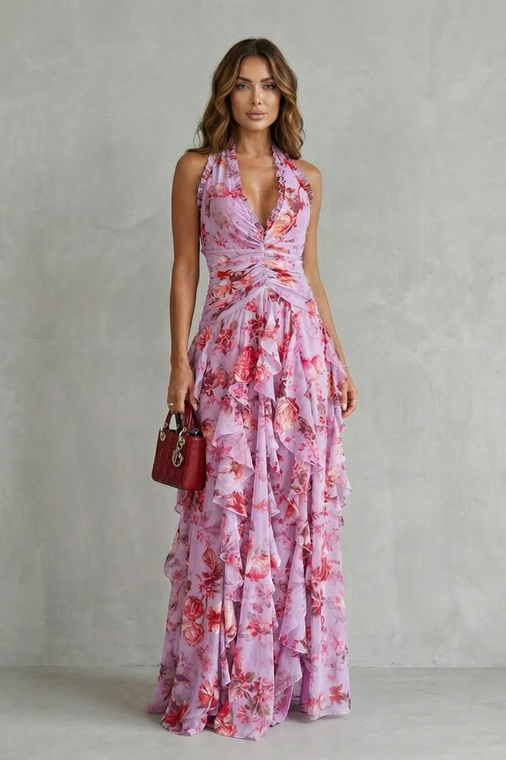 Belladina – Romantic rose cascade – Halter maxi dress