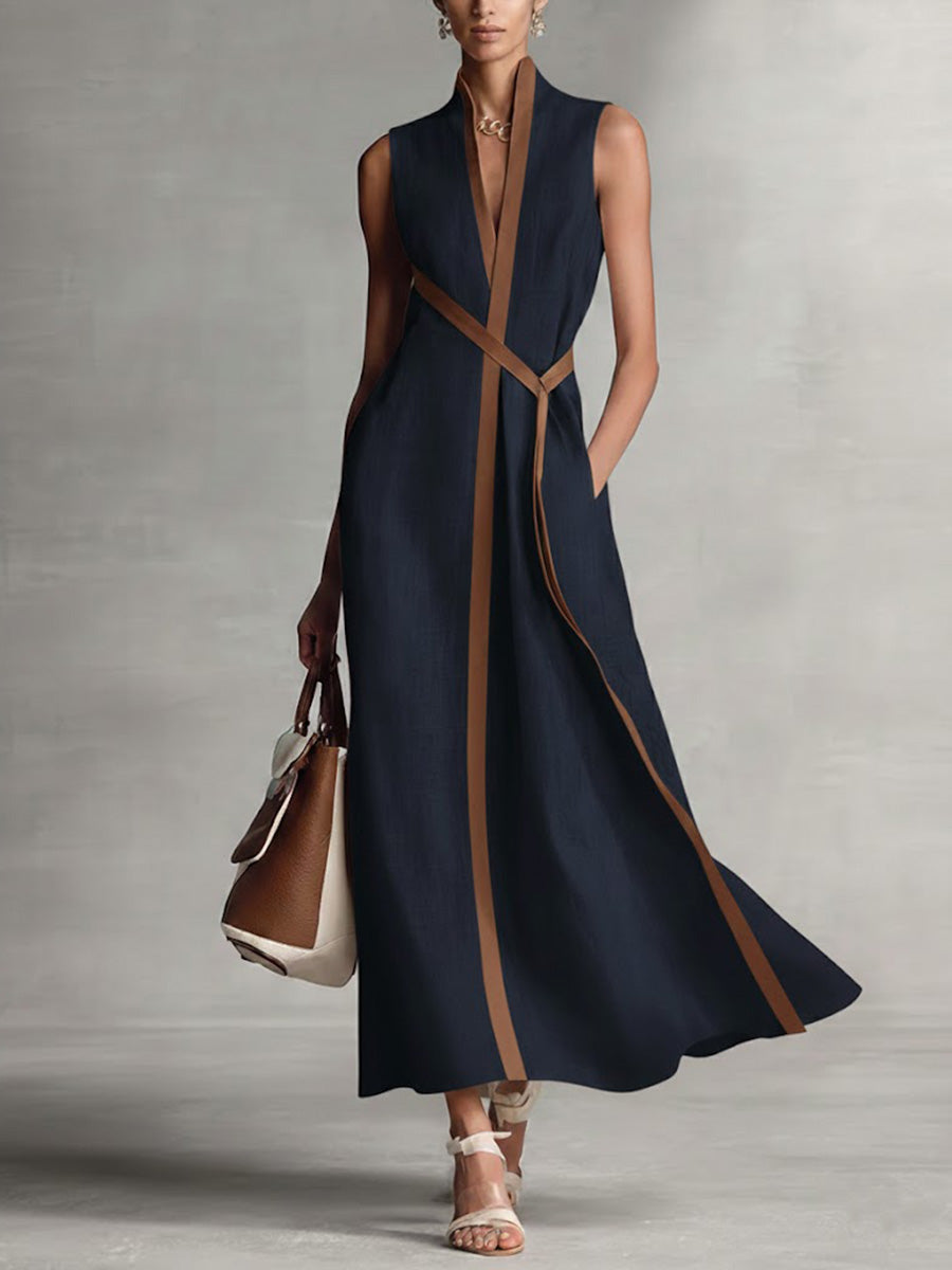 Women's Stand-up Collar Sleeveless Casual Loose Cotton And Linen Dress