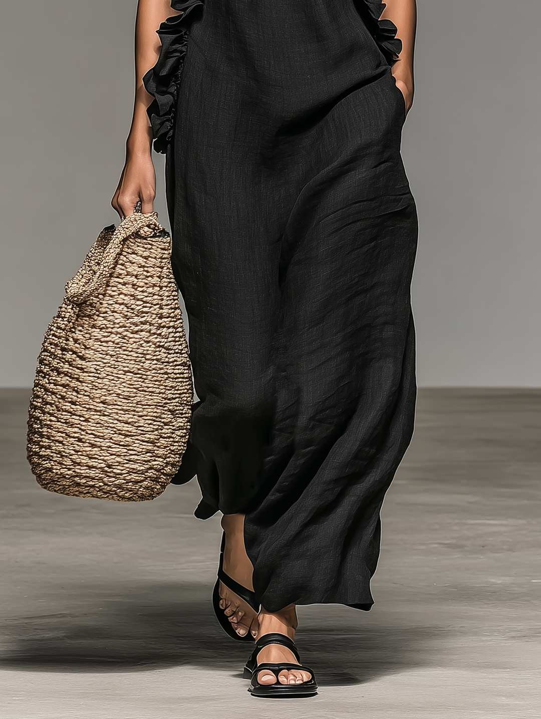 Women's Minimalist Linen-blend Sleeveless Maxi Dress With Ruffle Details