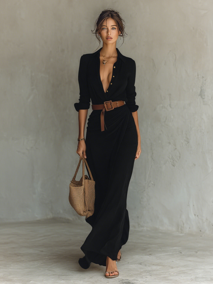 Ladies Lapel Single Breasted Long Sleeve Maxi Dress