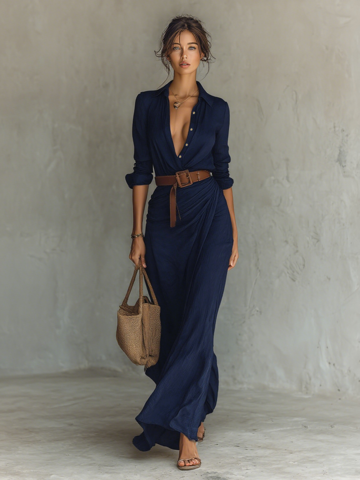 Ladies Lapel Single Breasted Long Sleeve Maxi Dress