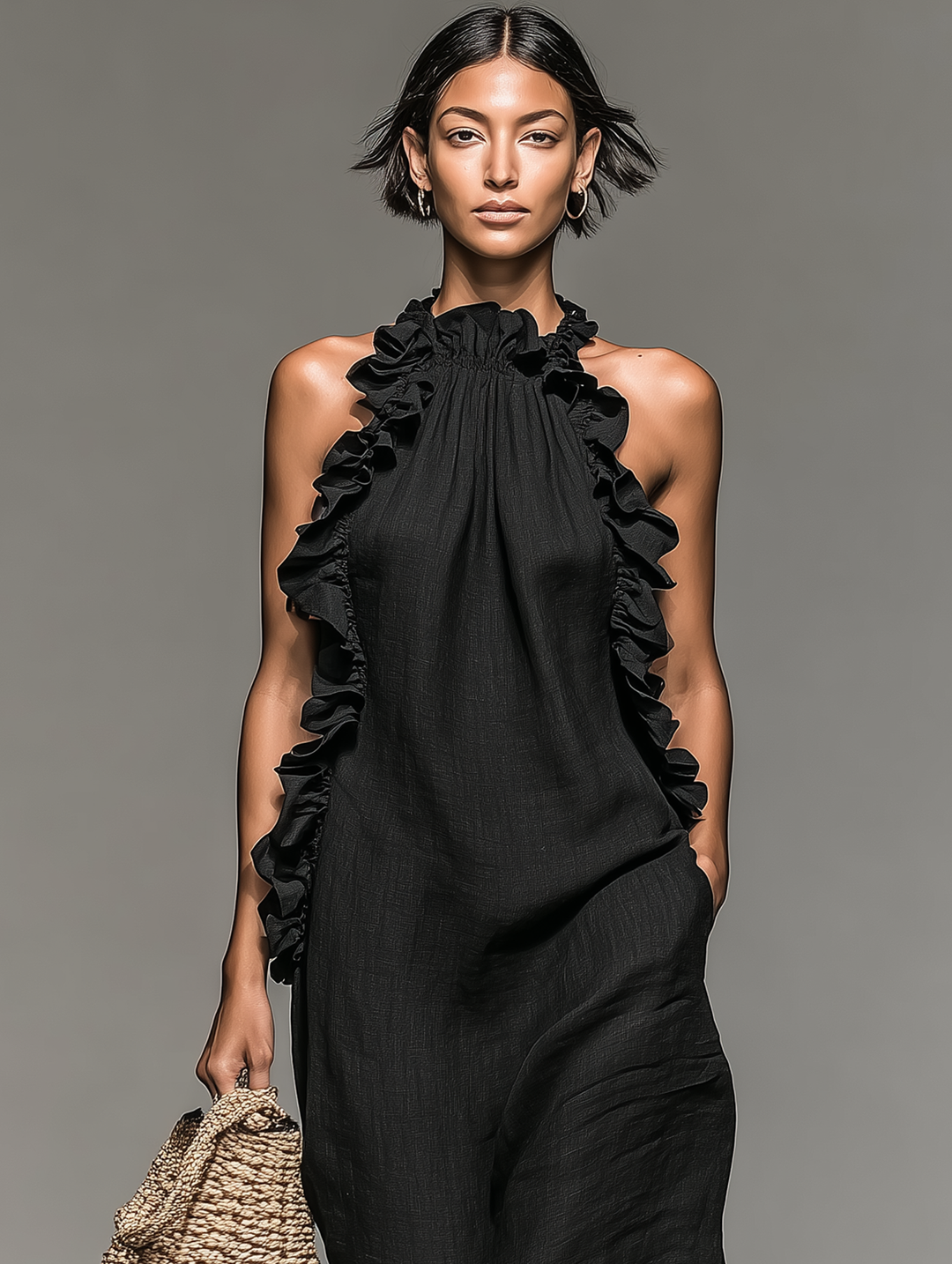 Women's Minimalist Linen-blend Sleeveless Maxi Dress With Ruffle Details