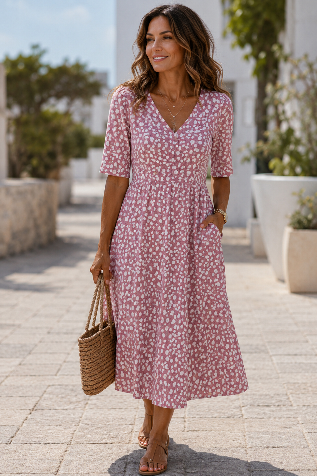 COLETTE | ELEGANT TUMMY-FLATTERING POLKA DOT MIDI DRESS