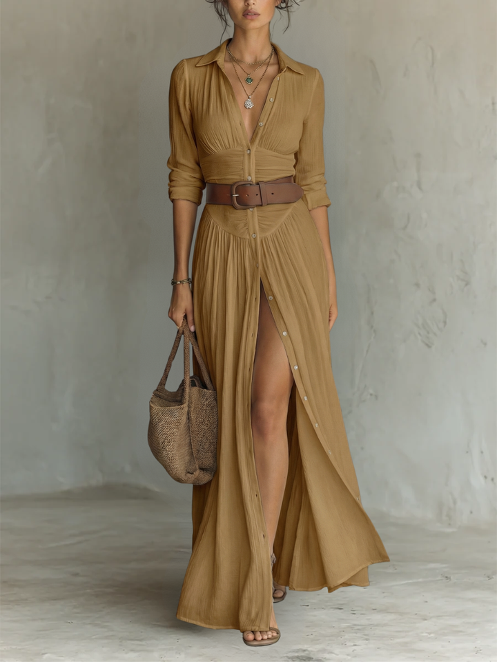 Pamela - Long Maxi Dress with Notched Collar and Long Sleeves for Women