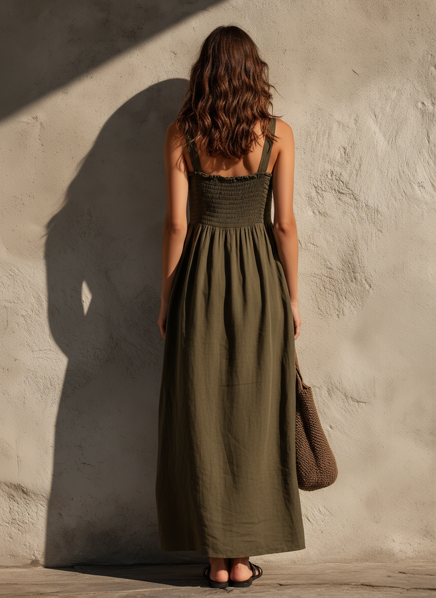 Sarah - Women's Casual Olive Green Cotton-Linen Maxi Dress