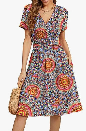 V Neck A Line Mid Calf Dress Women Casual