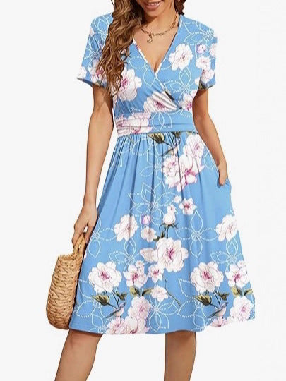 V Neck A Line Mid Calf Dress Women Casual