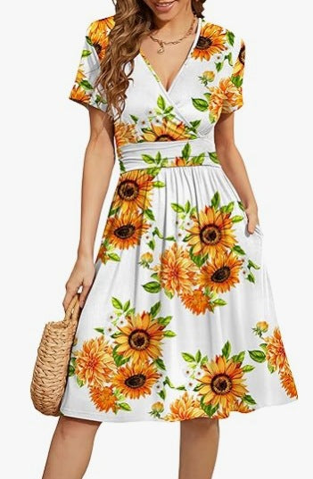 V Neck A Line Mid Calf Dress Women Casual