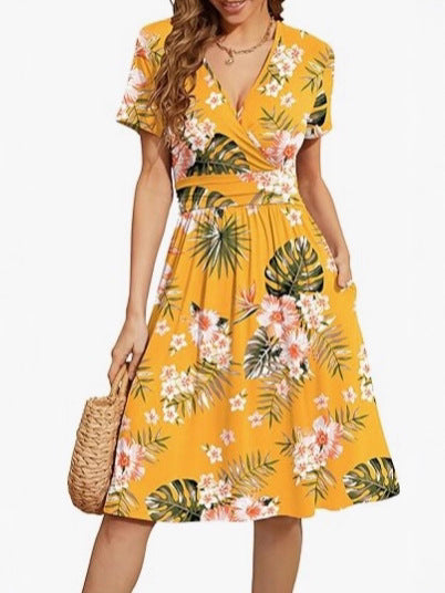 V Neck A Line Mid Calf Dress Women Casual