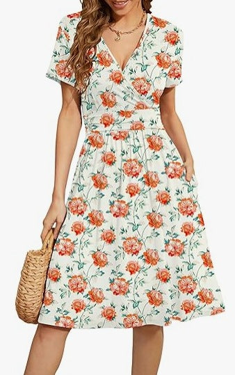 V Neck A Line Mid Calf Dress Women Casual