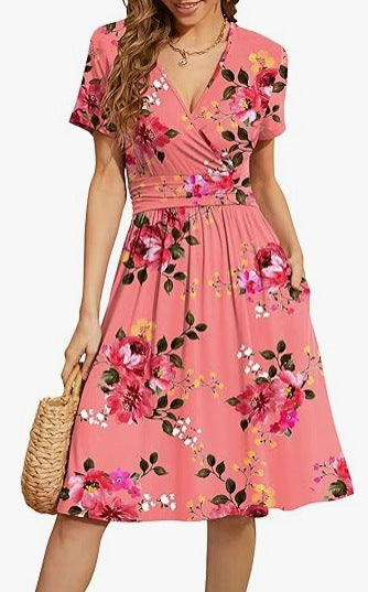 V Neck A Line Mid Calf Dress Women Casual
