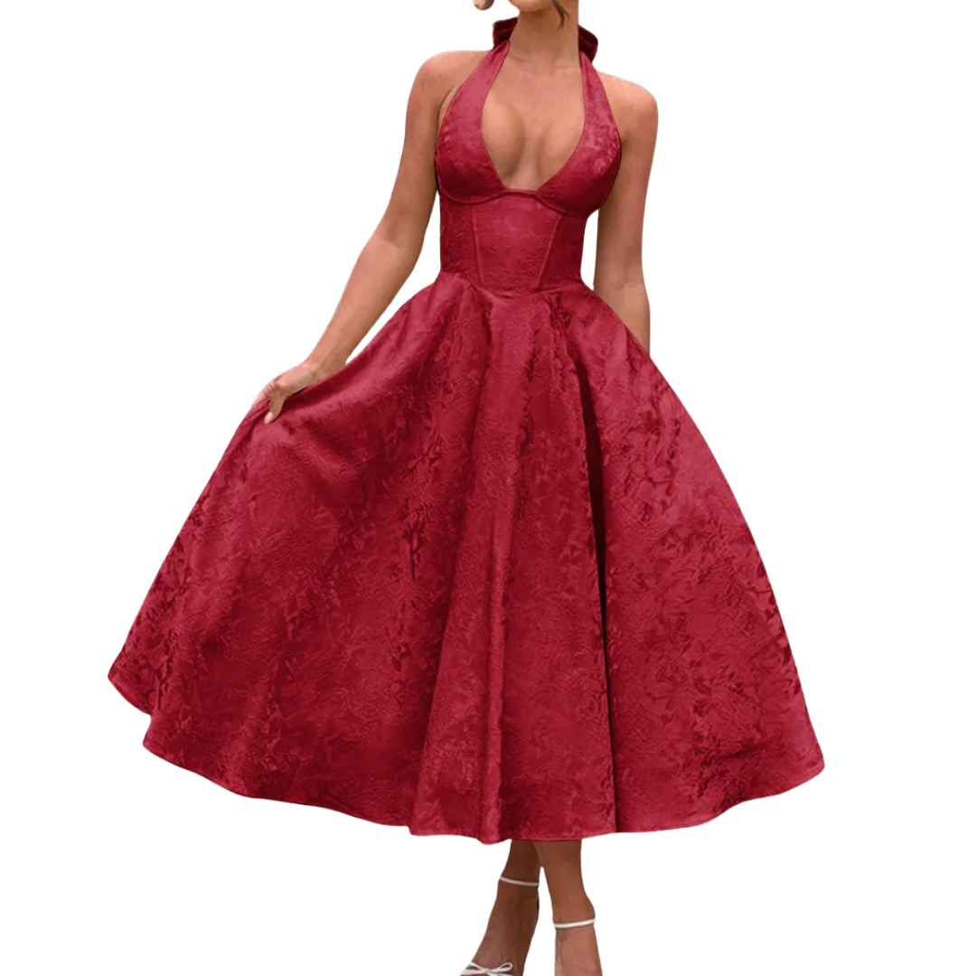 VIOLAINE™ – Embroidered Halter V-Neck Evening Dress
