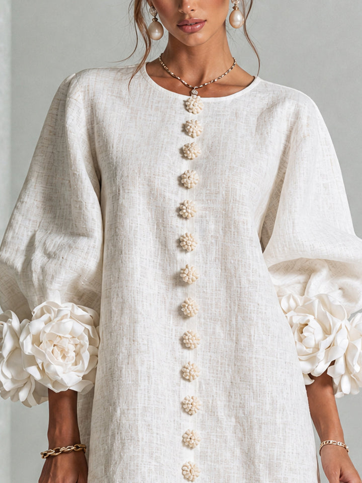 White Floral Button-down Mini Dress With Striking Floral Cuffs