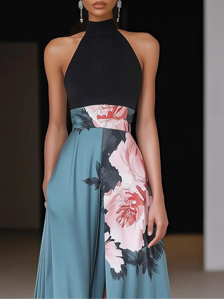 Dakota | Women’s Chic Slit Floral Classic Crew Neck Sleeveless A-Line Maxi Dress