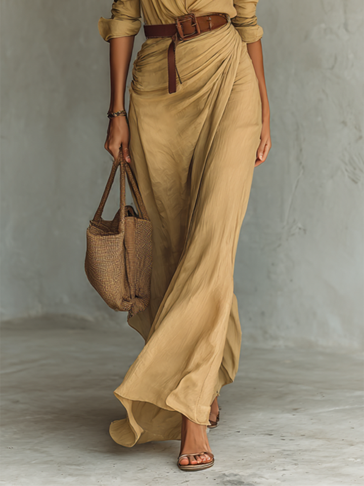 Ladies Lapel Single Breasted Long Sleeve Maxi Dress