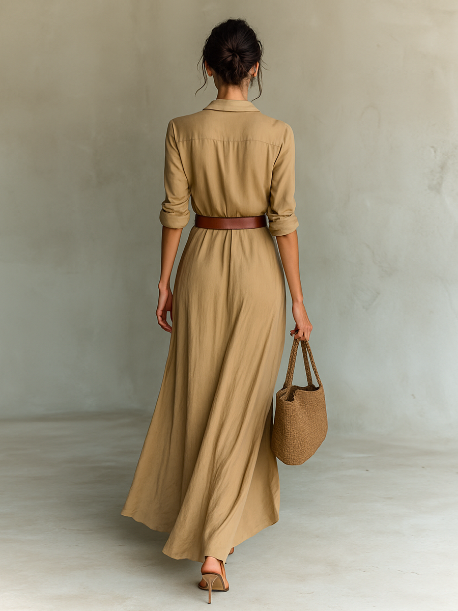 Ladies Lapel Single Breasted Long Sleeve Maxi Dress