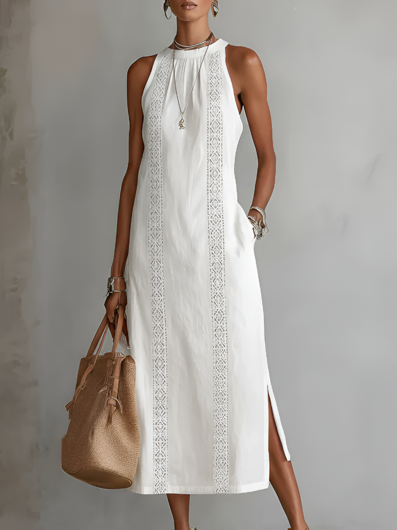Jimena™ | Relaxed Embroidered Mandarin Collar Midi Dress