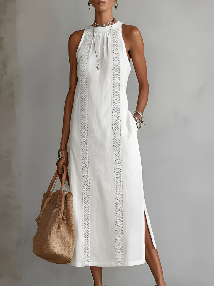 Jimena™ | Relaxed Embroidered Mandarin Collar Midi Dress