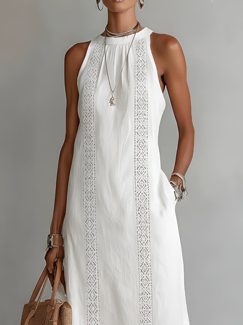 Jimena™ | Relaxed Embroidered Mandarin Collar Midi Dress