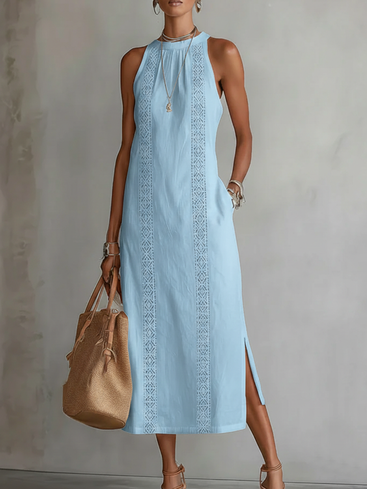 Jimena™ | Relaxed Embroidered Mandarin Collar Midi Dress