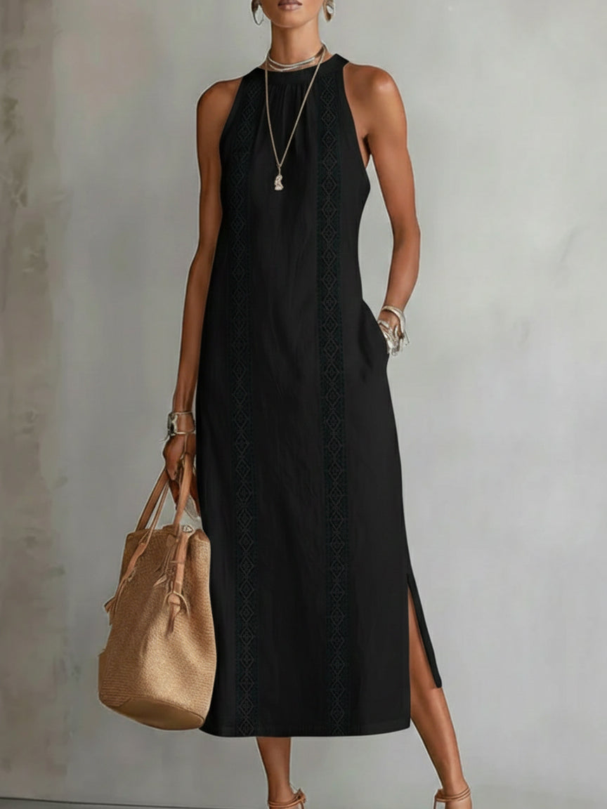 Jimena™ | Relaxed Embroidered Mandarin Collar Midi Dress