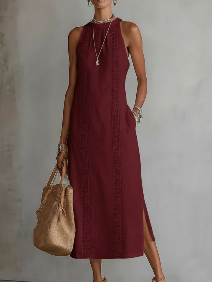 Jimena™ | Relaxed Embroidered Mandarin Collar Midi Dress