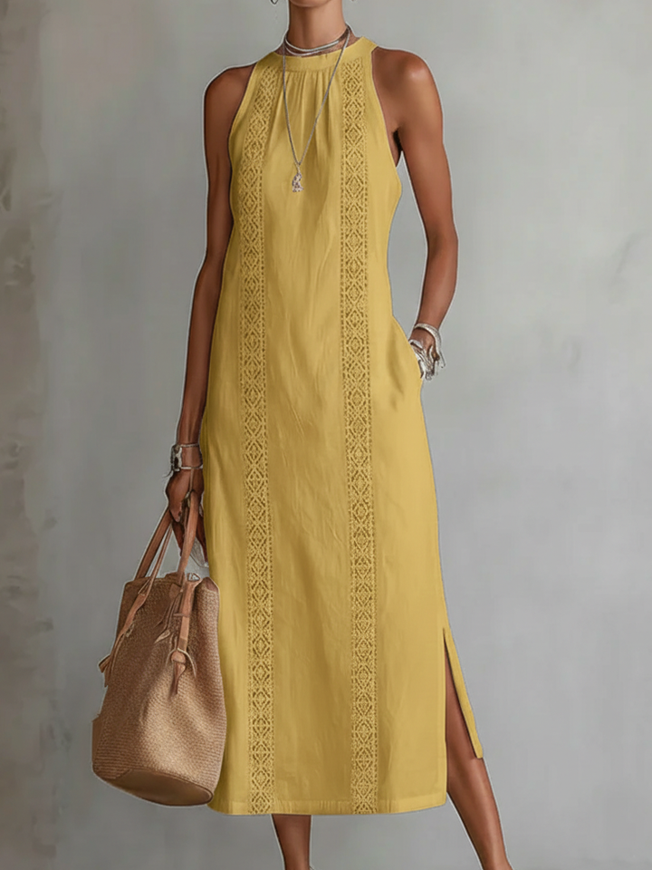 Jimena™ | Relaxed Embroidered Mandarin Collar Midi Dress