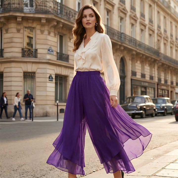 Riza - Women's asymmetrical chiffon pants with wide legs